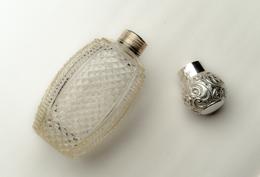 Large Victorian Silver top cut glass scent bottle with engraved initial "D"