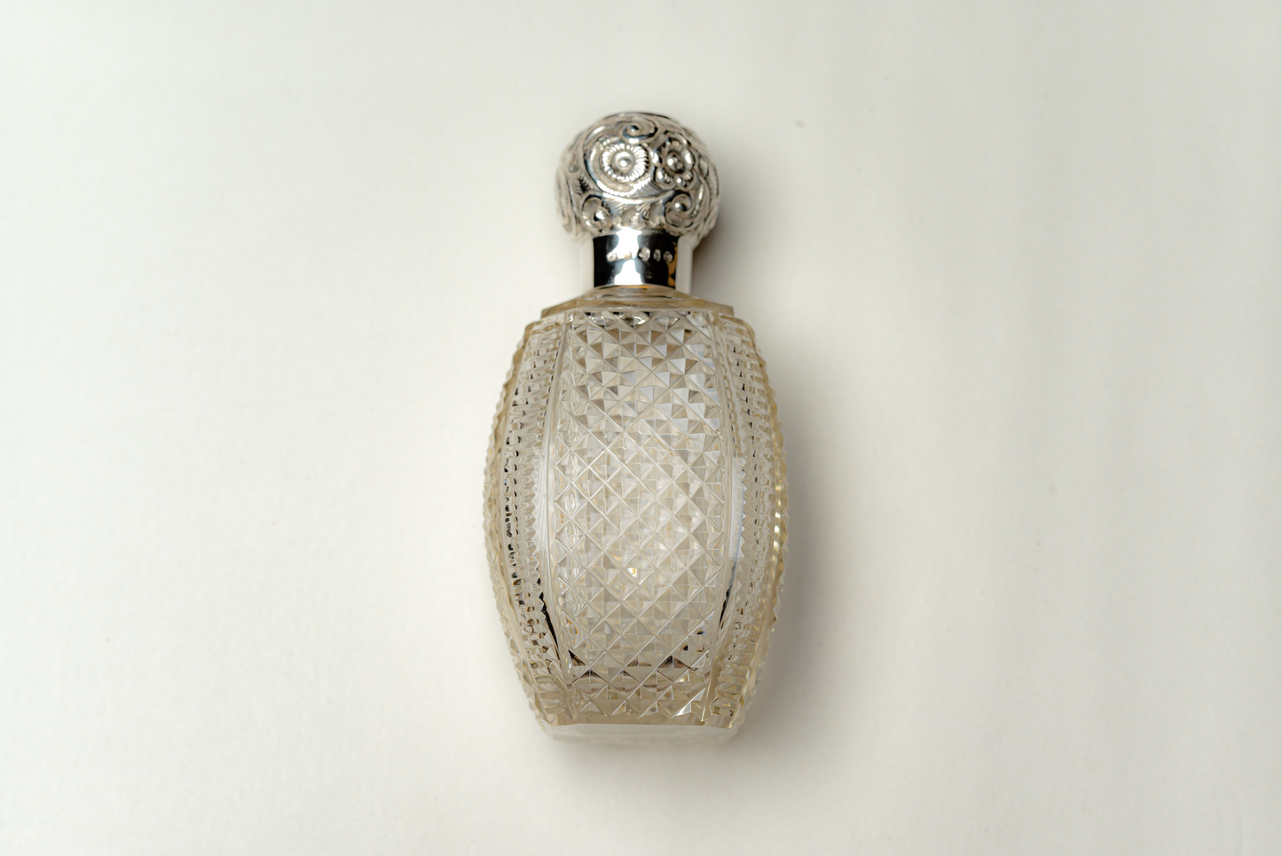 Large Victorian Silver top cut glass scent bottle with engraved initial "D"