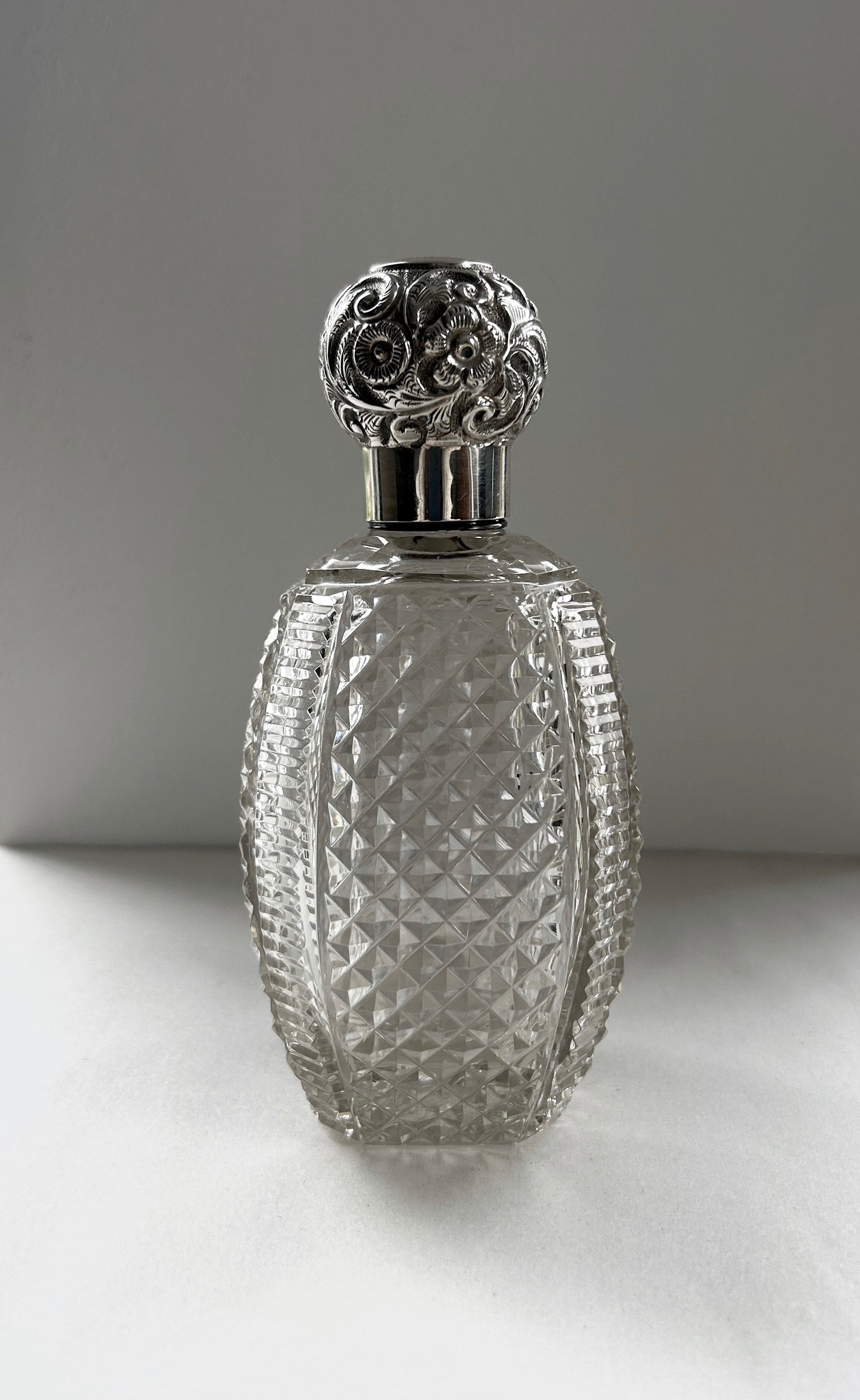 Large Victorian Silver top cut glass scent bottle with engraved initial "D"